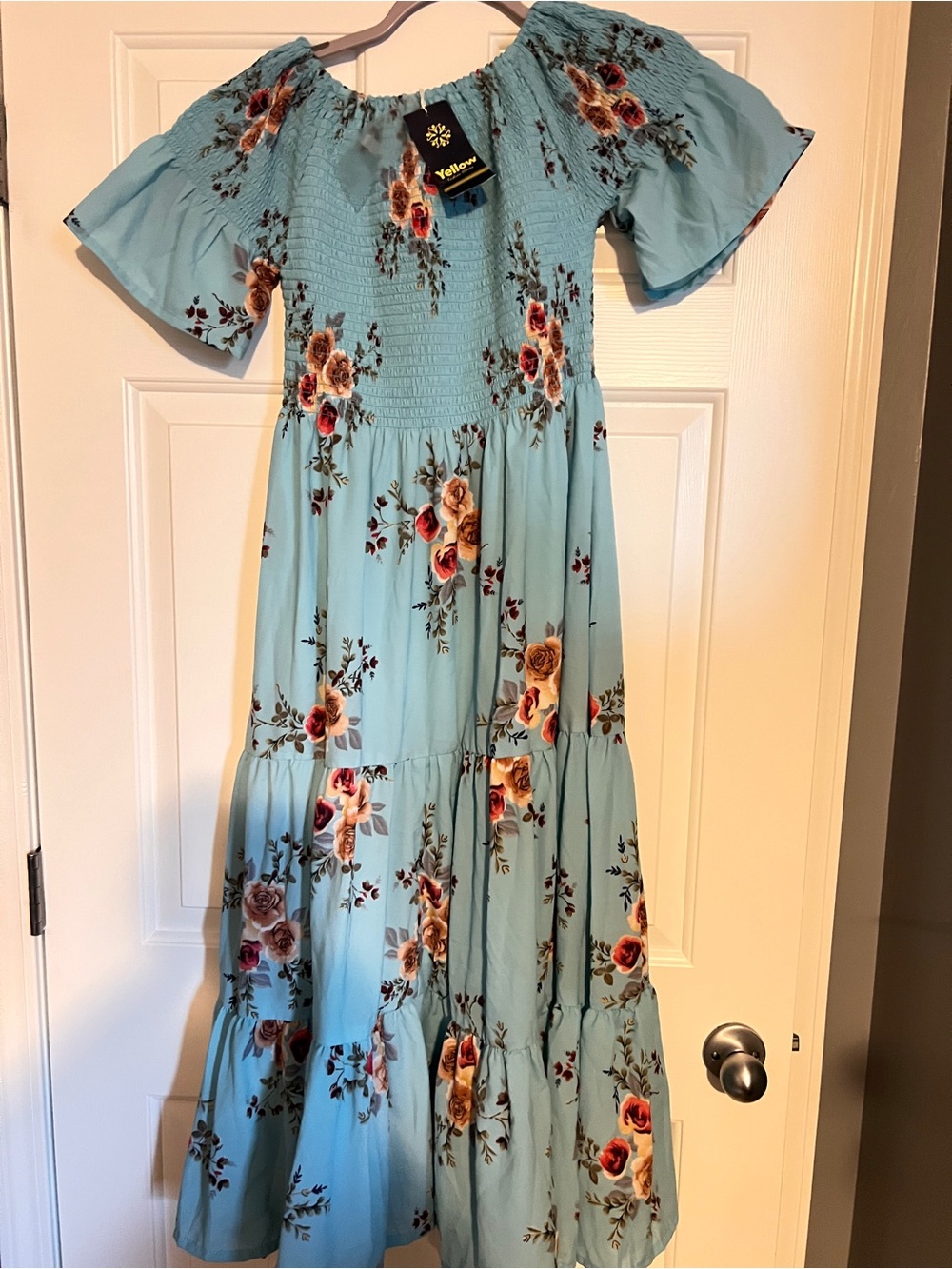 Yellow Box Blue Floral Off-Shoulder Tiered Maxi Dress